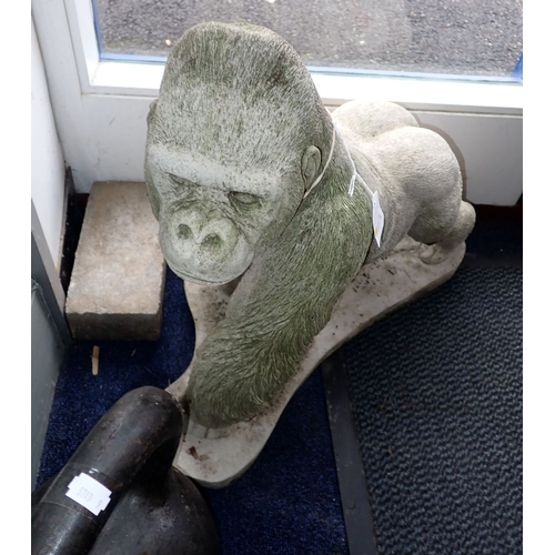 3 - A 'GUY THE GORILLA' GARDEN ORNAMENT (reconstituted stone), and an iron 24kg weight (2)