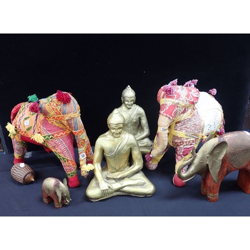 35 - A PAIR OF EMBROIDERED INDIAN ELEPHANTS with other elephants and figures of Buddha