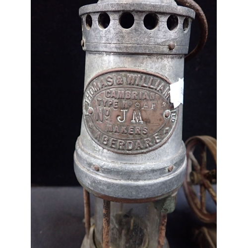 38 - THOMAS & WILLIAMS CAMBRIAN MINERS LAMP Aberdare, type 9 AF No. JM with a Salter's bottle jack spit (... 