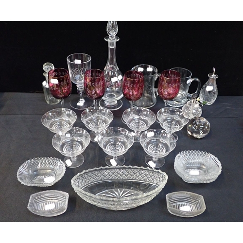 45 - A COLLECTION OF GLASSWARE including various glasses, a decanter, a pair of Georgian cut glass salts ... 