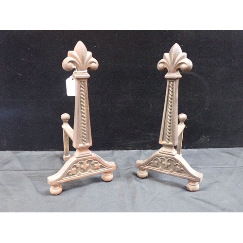 9 - A PAIR OF GOTHIC STYLE FIREDOGS cast iron, 38 cms high