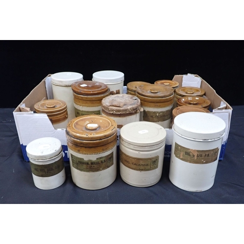 58 - A COLLECTION OF STONEWARE STORAGE JARS CONTAINING OLD MEDICAL COMPOUNDS HANDLE WITH CARE!