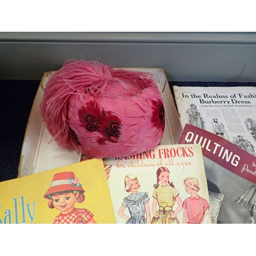 74 - A QUANTITY OF SEWING PATTERNS, FASHION MAGAZINES knitting patterns and a pink feather hat