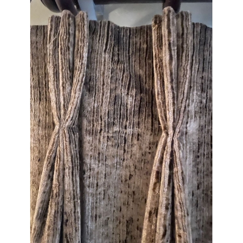 158 - TWO PAIRS BROWN/CREAM CHENNILE CURTAINS WITH POLES good quality, lined and interlined with 12cm buck... 