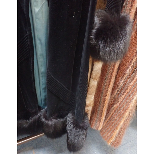 190 - ANART PARIS; A VINTAGE FULL LENGTH VELVET COAT with fur trim, together with three other vintage coat... 