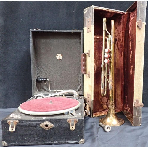 214 - A VINTAGE YORK 'HALLMARK' 'RESPOSE' TRUMPET cased, and a 'Maxitone' portable gramophone (for restora... 