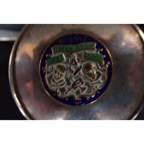 369 - A SILVER PATCH BOX WITH A MASONIC ENAMEL PLAQUE and a golfing spoon