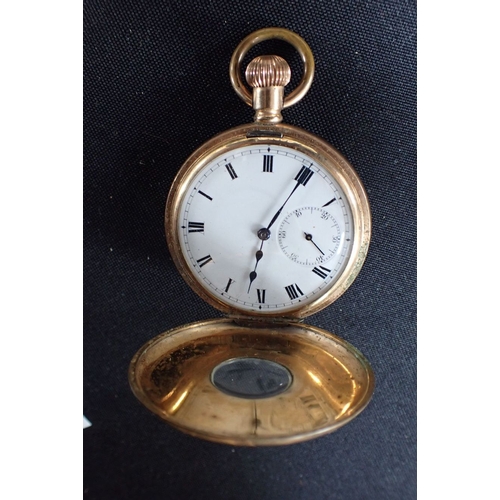 406 - A HALF HUNTER GOLD PLATED POCKET WATCH AND CHAIN with 9ct gold chain, boxed