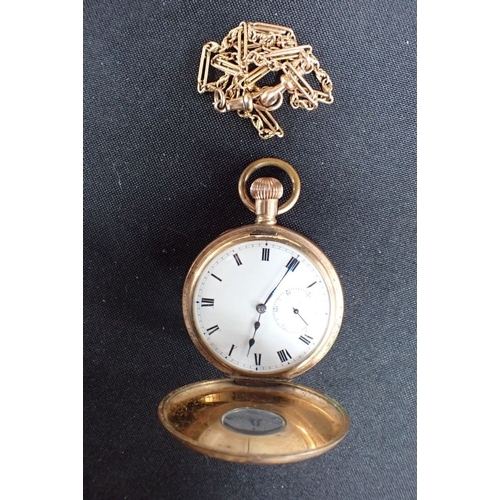 406 - A HALF HUNTER GOLD PLATED POCKET WATCH AND CHAIN with 9ct gold chain, boxed