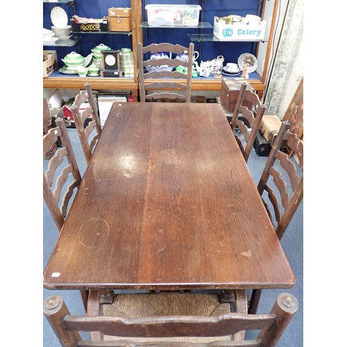 605 - AN OAK 'JACOBETHAN' STYLE DRESSER with stripped top surface 137cm wide, a similar oak dining table, ... 