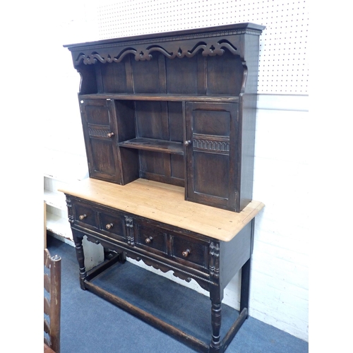 605 - AN OAK 'JACOBETHAN' STYLE DRESSER with stripped top surface 137cm wide, a similar oak dining table, ... 