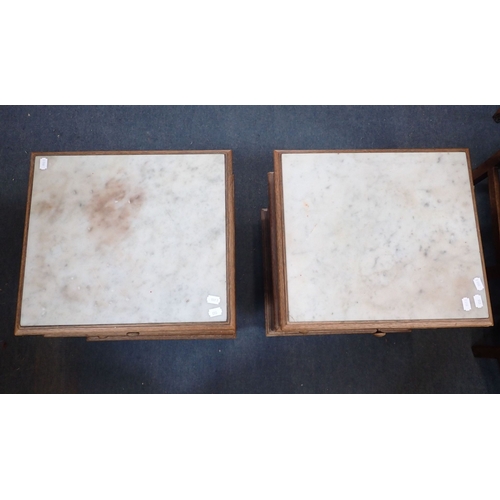 618 - A PAIR OF MARBLE TOPPED OAK BEDSIDE CABINETS 49cm high, 41cm wide