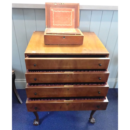 628 - A 1930'S WALNUT CANTEEN CABINET on cabriole legs 60cm wide, and a mahogany writing slope (2)