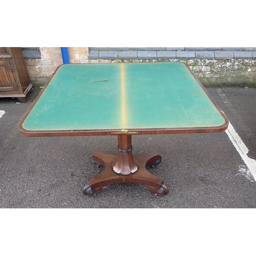 629 - A WILLIAM IV ROSEWOOD CARD TABLE with unusual angled inlay to top, on panelled column and inswept pl... 