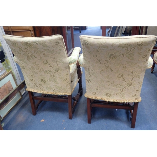 670 - A PAIR OF OAK FRAMED UPHOLSTERED OPEN ARMCHAIRS 60cm wide