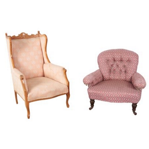 678 - AN EDWARDIAN WING ARMCHAIR with shell carved cresting rail, 101cm high, together with a small button... 