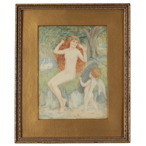 120 - OLIVE WOOD (20TH CENTURY) A PAINTED PORCELAIN PANEL depicting a maiden admiring her reflection in a ... 