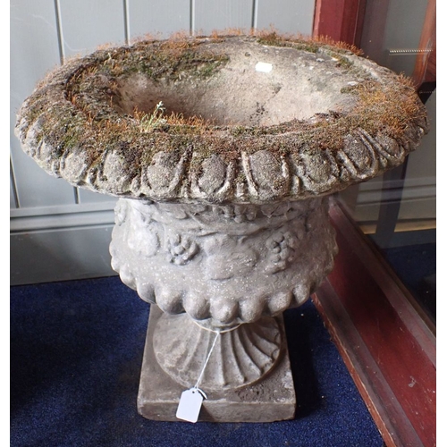 10 - A NEOCLASSICAL STYLE GARDEN URN cast with vines, mossy, 52cm diam