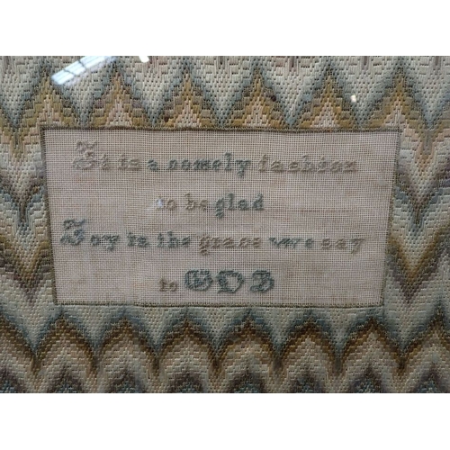 20 - A VICTORIAN MOTTO/SAMPLER with flamestitch border, 'It is a comely fashion to be glad....' in an oak... 