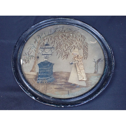 21 - A GEORGIAN NEEDLEWORK; CHARLOTTE AT THE TOMB OF WERTER 41 x 41cm plus circular frame (damage)