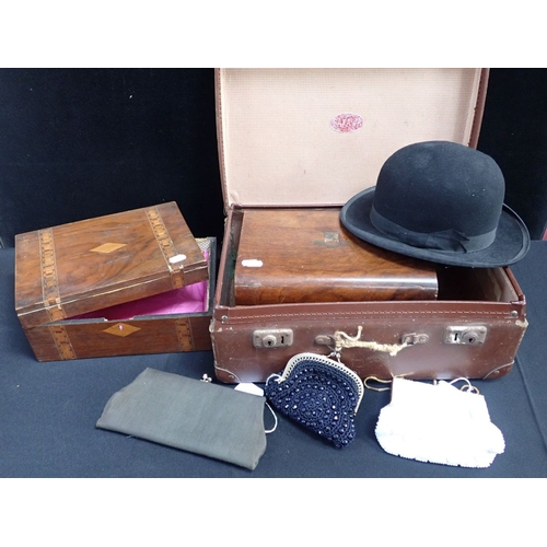 24 - A VINTAGE BOWLER HAT 'LONDON - EXTRA QUALITY' approx. size 7, with three evening bags and a (damaged... 