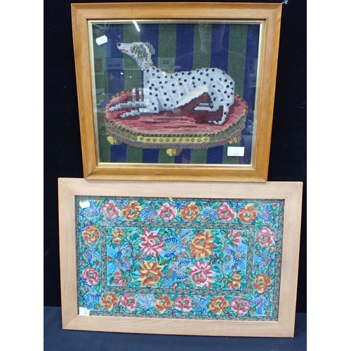 29 - A BEADWORK PANEL, FLOWERS AND BIRDS, FRAMED 39 x 60cm overall, with a wool work Dalmatian , in moder... 