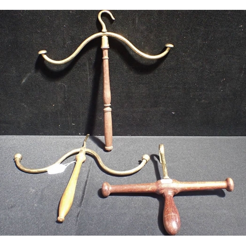 49 - THREE 19TH CENTURY COAT OR WIG HANGERS brass and mahogany