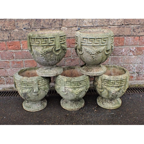 5 - FIVE NEOCLASSICAL STYLE GARDEN PLANTERS reconstituted, with Greek key design, each 25cm diam