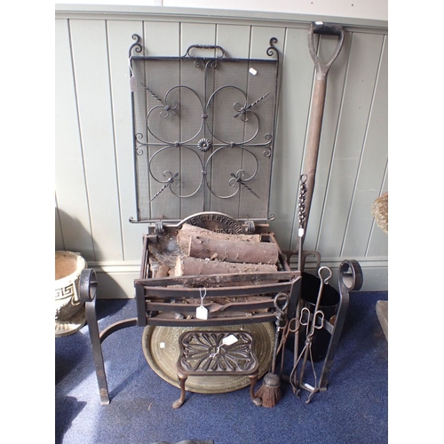 8 - A CERNE VALLEY FORGE FIRE BASKET with some fire tools, a fire screen, brass tray, and a garden fork