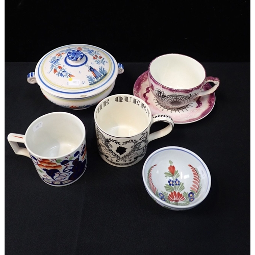 106 - A LARGE GRAY'S POTTERY LUSTRE CUP AND SAUCER an Allerton's Gaudy Welsh mug, Quimper ware and other c... 