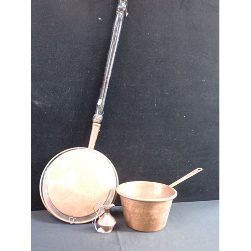 122 - A 19TH CENTURY BED WARMING PAN, A COPPER SAUCEPAN and a small copper jug (3)