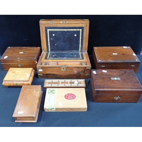 123 - A VICTORIAN BRASS BOUND WRITING SLOPE with other wooden boxes, Victorian and later