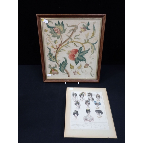 55 - A CREWEL WORK FLORAL PANEL 38.5 x 34cm Framed), and a French fashion plate; 'Parisian Coiffures' (2)