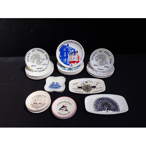 56 - TWO POOLE POTTERY 'SOCIETY OF POOLE MEN' PLATES 13cm diam, and other Poole commemorative plates and ... 