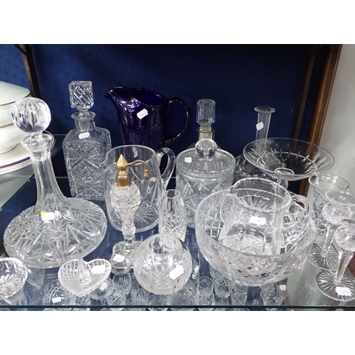 63 - A SHIP'S DECANTER, OTHER CUT GASS including jugs, an atomiser and other items