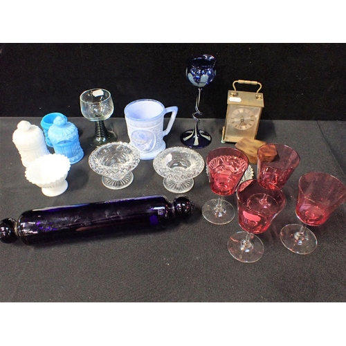 64 - A THOS. WEBB 'BRISTOL BLUE' GLASS ROLLING PIN a pair if salts (a/f), a Victorian pressed glass Punch... 