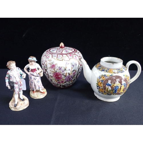 68 - A GEORGE III PEARLWARE TEAPOT , PRINTED WITH BRITANNIA Peace and Plenty (a/f, no cover), with a pair... 