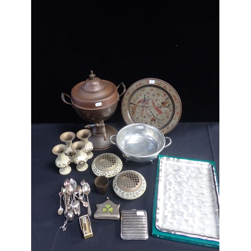 72 - A WMF BOXED IKORA TRAY with a collection of metalwork, including a copper samovar ,an Art Nouveau pu... 