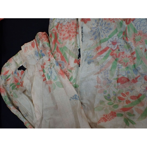 88 - A 1920S SILK 'KIMONO' HOUSECOAT printed with pagodas and other motifs, (minor moth damage), and anot... 