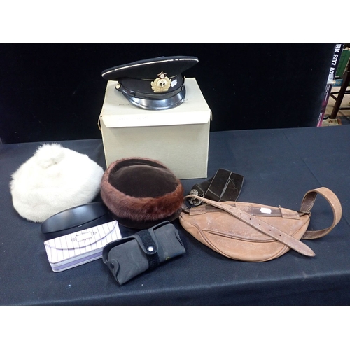 95 - A RUSSIAN MILITARY HAT with two fur ladies hats, a leather money bag and a selection of sunglasses