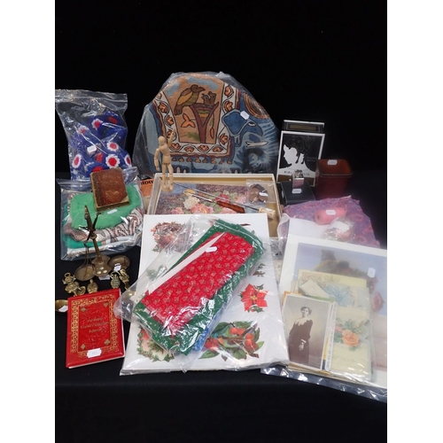 97 - A COLLECTION OF VINTAGE GREETINGS CARDS, FABRICS and sundries, including a dummy leather-bound book ... 