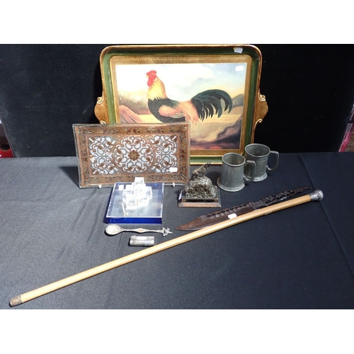 156 - A SILVER-TOPPED WALKING CANE (dented), a modern perspex sculpture, a tray and other items