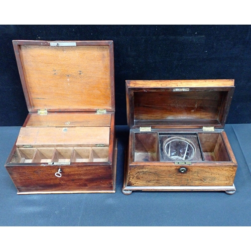 160 - A GEORGE III MAHOGANY BOX FITTED THREE INTERIOR COMPARTMENTS with hinged lids, and a drawer 31cm wid... 