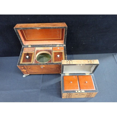 181 - A REGENCY MAHOGANY SARCOPHAGUS SHAPE TEA CADDY fitted interior (partly restored), and a smaller tea ... 