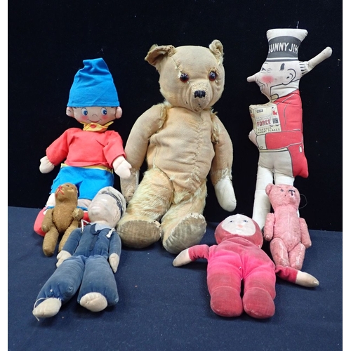 228 - A STUFFED FABRIC 'NODDY', AND A 'SUNNY JIM' FIGURE with three well worn bears and other figures