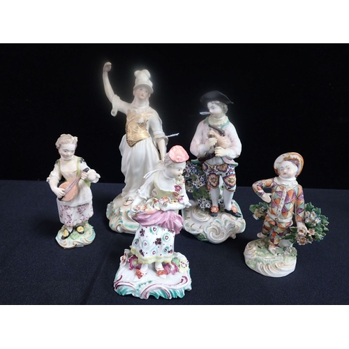 348 - FIVE 18TH CENTURY DUESBURY DERBY PORCELAIN FIGURES (all damaged and restored), variously with patch ... 