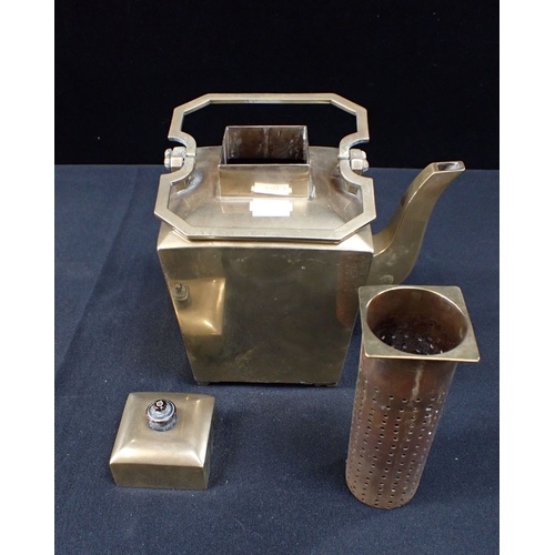 409 - A CHINESE BRASS TEAPOT WITH STRAINER of angular form