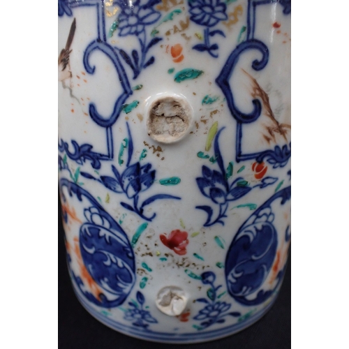 415 - A CHINESE FAMILLE ROSE CYLINDER VASE with old rim repairs, 29cm high, and a famille rose blue painte... 