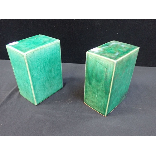 416 - TWO SIMILAR CHINESE GREEN-GLAZED BLOCKS 12cm and 13cm wide