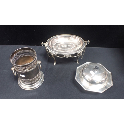 434 - A SILVER-PLATED SERVING DISH, A BOTTLE STAND and a covered dish (3)